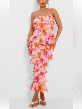 PLT strapless midi dress, 2, multi-tiered flouncy floral Romantic Ruffles Whimsy